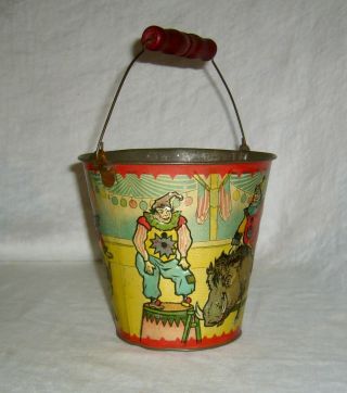 ANTIQUE RARE EMBOSSED CIRCUS CLOWNS,  WILD BOAR & DONKEY TIN LITHOGRAPH SAND PAIL 7