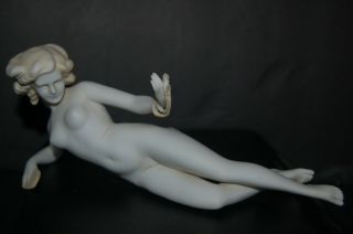 Antique 7 " Bathing Beauty Nude Bisque Figurine Doll Germany? Holds Mirror Pearls