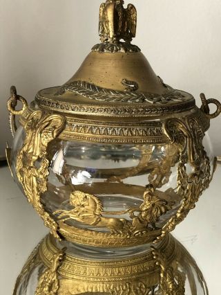 Antique French Empire Ormalu Bronze? Or Metal Glass Jar Box W Handle Basket Gilt