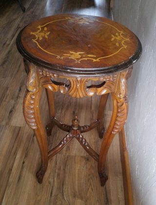Antique Vintage French Carved Walnut? Marquetry Inlay End Lamp Table Plant Stand