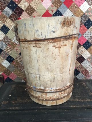 Ohio Barn Fresh Primitive Antique Wood Bucket White Chippy Paint Over Blue Aafa