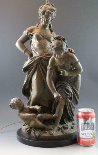 C1910 H.  Moreau Bronze Patina Figural Table Lamp Sculpture 2 Women w/ Cherub 12