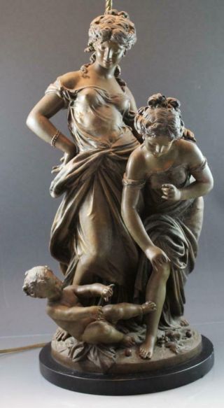 C1910 H.  Moreau Bronze Patina Figural Table Lamp Sculpture 2 Women W/ Cherub