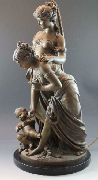 C1910 H.  Moreau Bronze Patina Figural Table Lamp Sculpture 2 Women w/ Cherub 2