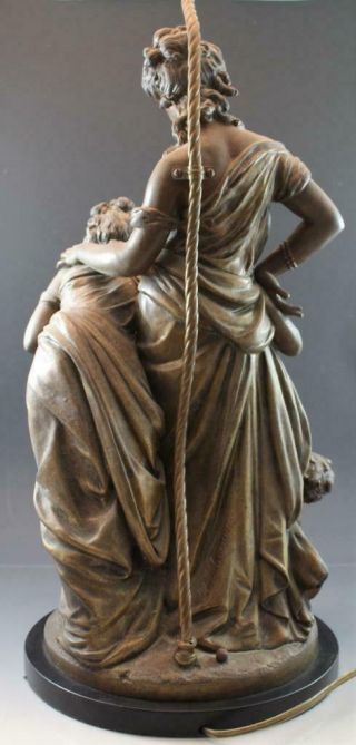 C1910 H.  Moreau Bronze Patina Figural Table Lamp Sculpture 2 Women w/ Cherub 3