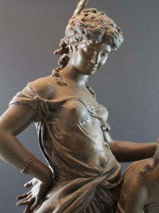 C1910 H.  Moreau Bronze Patina Figural Table Lamp Sculpture 2 Women w/ Cherub 4