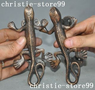 A Antique Old Tibet Bronze Gecko Cabinet Pulls Door Handles Pair