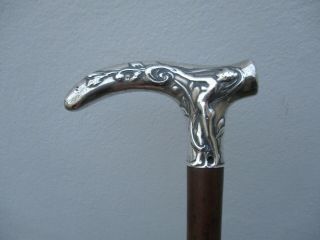 A Fine Art Nouveau Silver Top Nude Lady Walking Stick C1900