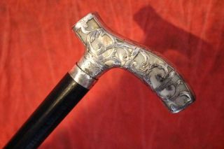 Striking Sturdy Antique Mother Of Pearl & Sterling Silver Overlay Handled Cane