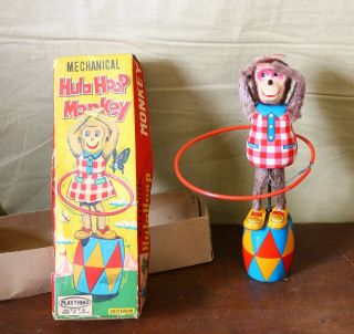 Vintage Plaything Mechanical Wind Up Toy Hula Hoop Monkey