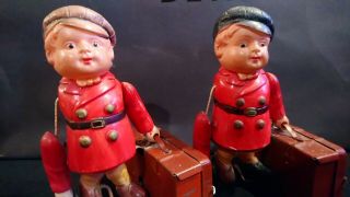 Wind - Up Tin & Celluloid Toy Boy With Suitcase - Made In Japan - 1930 
