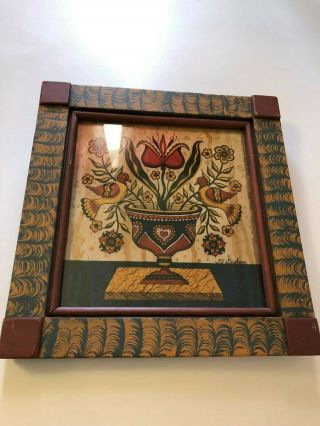 Vtg Pennsylvania Dutch Hearts Dove Urn Print Painted Wood Frame Signed Tj Graham
