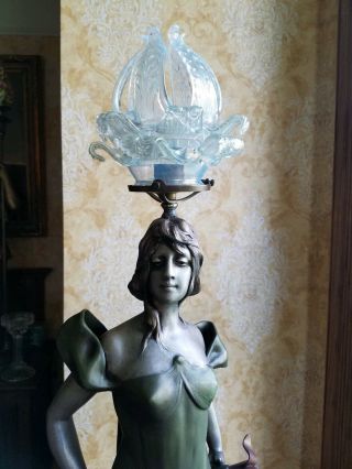 Anton Nelson Fierte spelter Art Nouveau Woman Lamp w/ opalescent shade 2