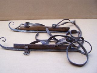 Circa 1800s Antique Primitive Ice Skates Curled Tips Wood Steel & Leather