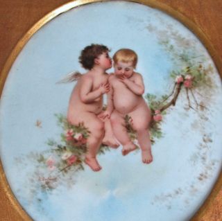 Antique Hp Porcelain Plaque Babies Cherubs Flower Branch Carved Gilt Wood Frame