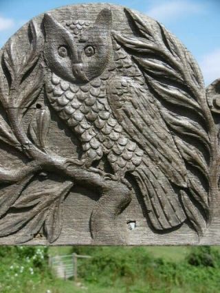 19thc Gothic Relief Carved Oak Panel Of Owl On Tree