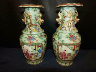 Pair Antique Chinese Export Rose Medallion Celadon Glaze 10 " Vases - Foo Dogs
