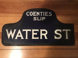 Rare Antique WATER ST COENTIES SLIP York City Porcelain Humpback St Sign 3