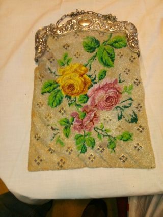1920 ' s ART DECO MICRO BEADED craft alpaca multicolored floral design purse 2