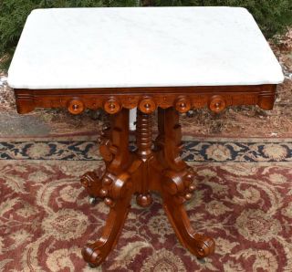 1880s Antique Victorian Eastlake Solid Mahogany Table With White Marble Top