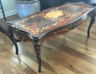 Great Depression Era Italian Hand Carved Wooden Inlaid Cocktail Or Coffee Table