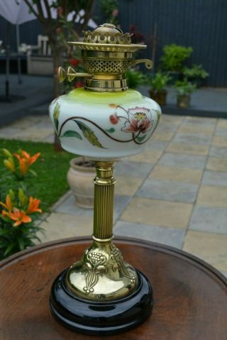 Victorian Twin Burner Oil Lamp Art Nouveau Floral Font No Damage