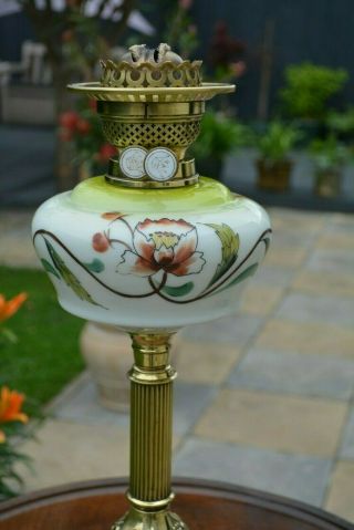 Victorian twin burner oil lamp Art Nouveau floral font no damage 3