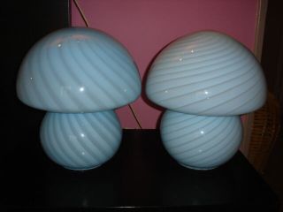 Venini Vetri Pair Murano Glass Vintage Swirl Blue Color Mushrooms Lamps 15 "