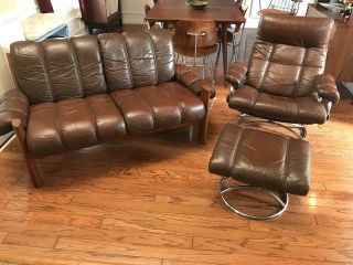 Ekornes Stressless Brown Leather Teak Couch,  Recliner Chair & Ottoman (freight)