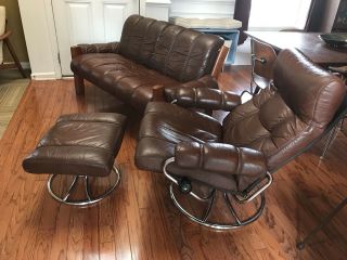 Ekornes Stressless Brown Leather Teak Couch,  Recliner Chair & Ottoman (freight) 2
