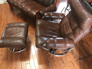 Ekornes Stressless Brown Leather Teak Couch,  Recliner Chair & Ottoman (freight) 3