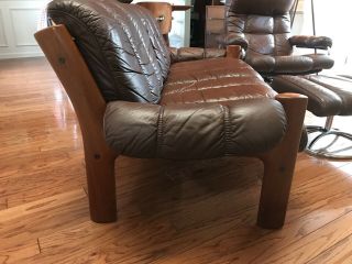 Ekornes Stressless Brown Leather Teak Couch,  Recliner Chair & Ottoman (freight) 4