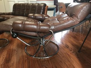Ekornes Stressless Brown Leather Teak Couch,  Recliner Chair & Ottoman (freight) 8