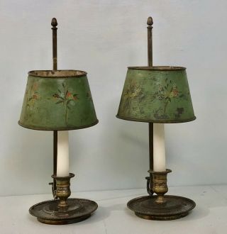 Pair French Tole Bouillotte Chamberstick Candle Holder Lamps With Acorn Finials