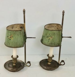 Pair French Tole Bouillotte Chamberstick CAndle Holder Lamps with acorn finials 9