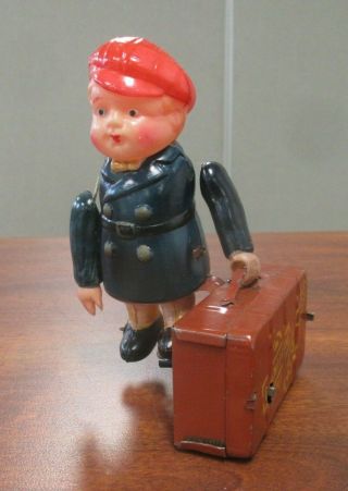 Vtg Celluloid Tin Key Wind - Up Mechanical Boy With Suitcase Occupied Japan