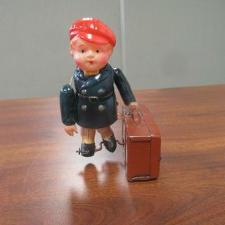 Vtg CELLULOID TIN KEY WIND - UP MECHANICAL BOY with SUITCASE OCCUPIED JAPAN 6