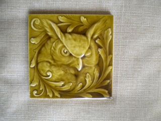 Antique A E American Encaustic Tile Winkin Great Horned Owl 6x6 Zanesville Ohio