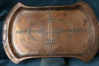 Victorian Art&Crafts Hammered COPPER Serving Tray Platter Celtic Geometric Motif 5