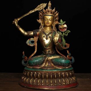 19 " Old Tibet Buddhism Bronze Inlay Turquoise Bodhisattva Manjusri Buddha Statue