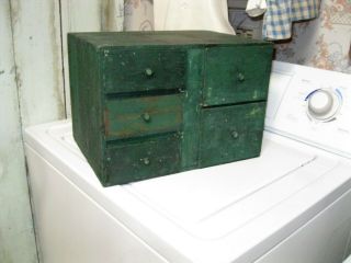 Antique Primitive Wood 5 Drawer Apothecary W/ Old Green Paint