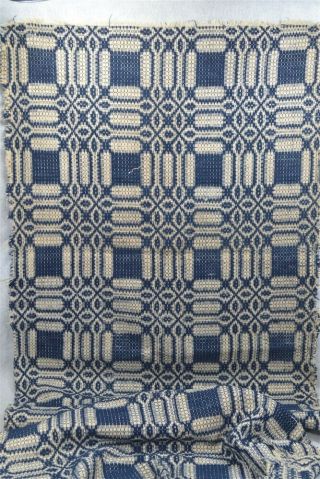 Coverlet Linen Wool Blue White 30x82 Hand Made Early Antique 1850 Repurpose