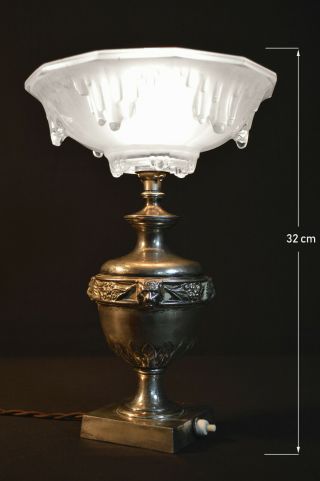 Vintage Edwardian Silver Plated Lamp French Ezan Opalescent Icicle Glass Shade