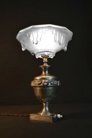 Vintage Edwardian silver plated lamp French Ezan Opalescent icicle glass shade 8