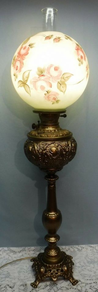 Antique Parlor Piano Banquet GWTW Oil Lamp Electrified Hand Painted Floral Shade 2