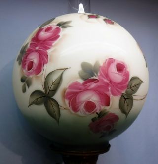 Antique Parlor Piano Banquet GWTW Oil Lamp Electrified Hand Painted Floral Shade 6