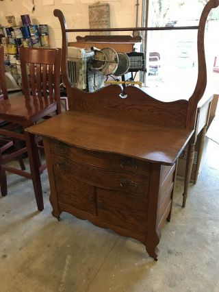 Antique Oak Washstand Towel Bar Serpentine Dresser Commode 2