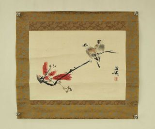 掛軸1967 Chinese Makuri,  Honshi " Two Birds And Red Leaves " @s494
