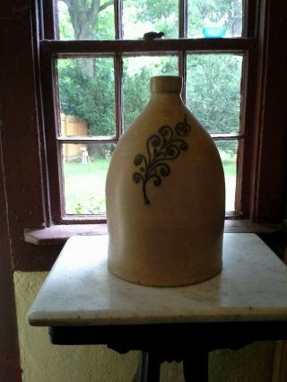 Antique Two Gallon Handled Stoneware Jug With Thick Slip Cobalt Design
