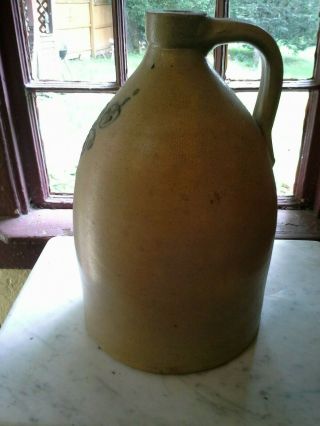 ANTIQUE TWO GALLON HANDLED STONEWARE JUG WITH THICK SLIP COBALT DESIGN 3